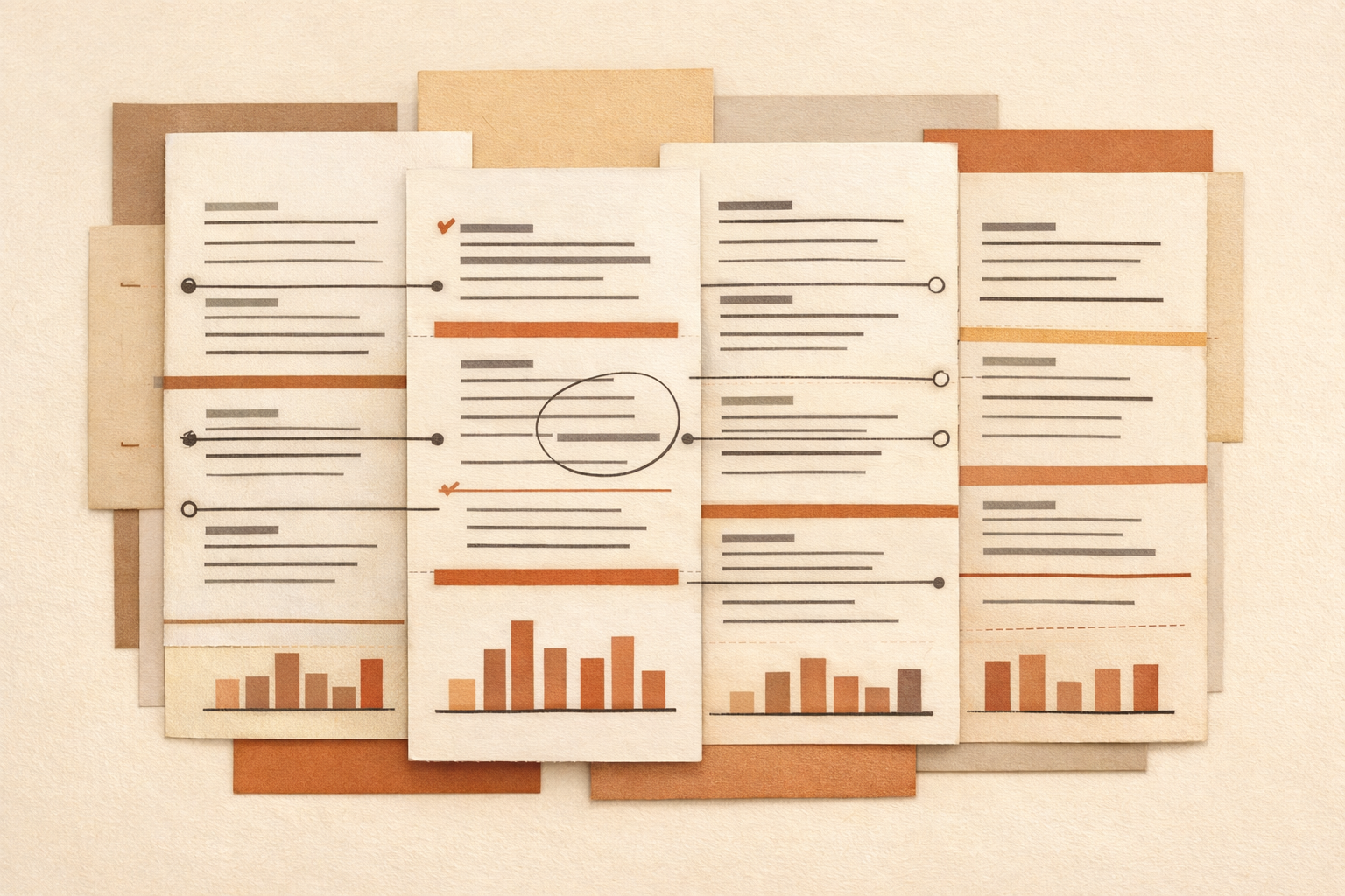 Editorial illustration representing multilingual comparative analysis and structured alignment across versions.