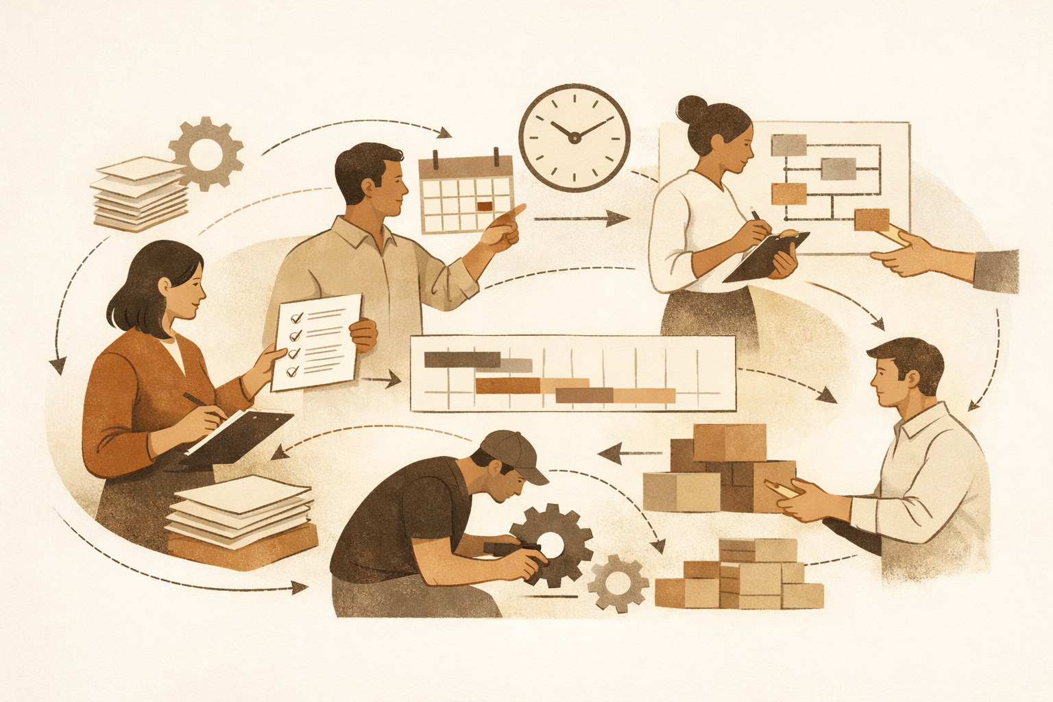 Editorial illustration representing coordinated production workflows, handoffs, and operational visibility.
